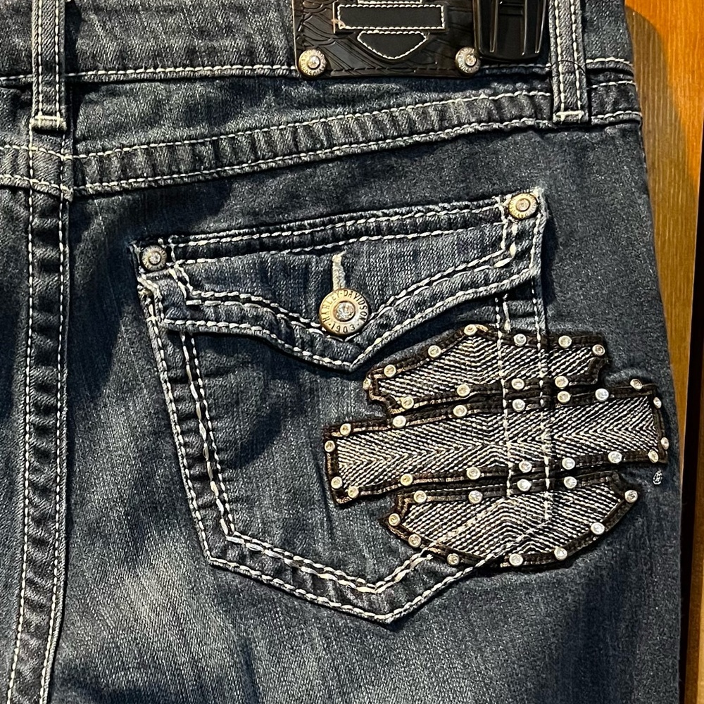 Harley Davidson Denim Blue Jeans Rhinestone Pockets - Picture 3 of 6